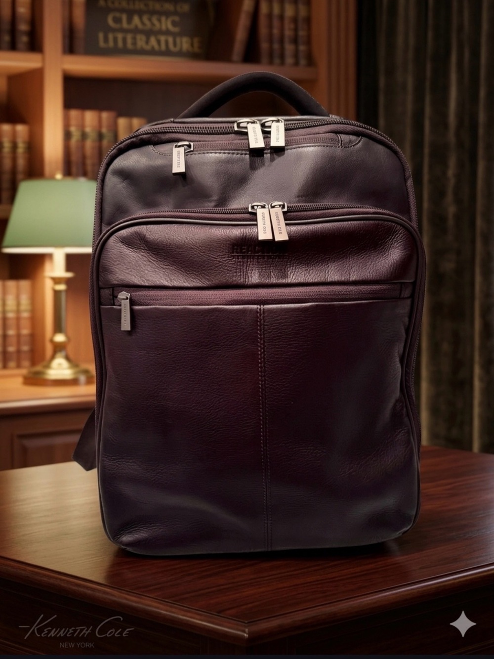Kenneth Cole Reaction "Manhattan" Colombian Leather Laptop Backpack – Brown